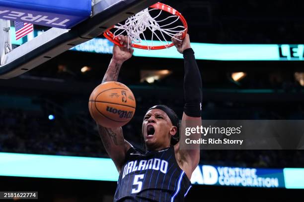 Paolo Banchero of the Orlando Magic dunks the ball against the Indiana Pacers during the first quarter at Kia Center on October 28, 2024 in Orlando,...