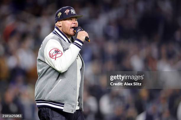 Artist Fat Joe performs on the field prior to Game Three of the 2024 World Series between the Los Angeles Dodgers and New York Yankees at Yankee...