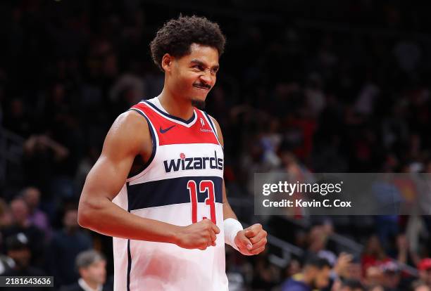 Jordan Poole of the Washington Wizards reacts after their 121-119 win over the Atlanta Hawks at State Farm Arena on October 28, 2024 in Atlanta,...