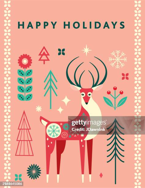 happy holiday greeting design template with festive branches and decorative red deer - deer forest stock illustrations