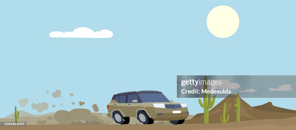 Vector Illustration of an SUV on a Dusty Dirt Road in the Desert.