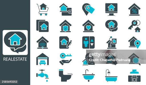 real estate icon set. solid icon collection. vector illustration. stock illustration icon symbol, marketing, search engine, business - empty elevator stock illustrations