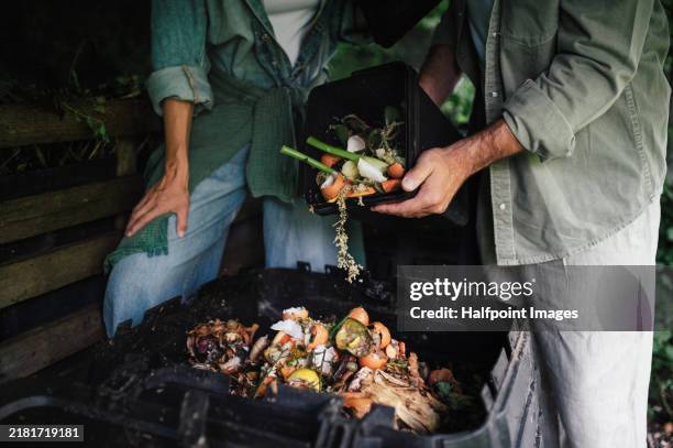 couple dumping kitchen scraps, vegetable and fruit peels into the composter. compostable materials and organic matter back into the garden. - ambientalista foto e immagini stock
