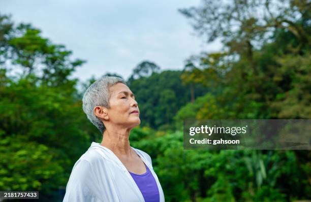 senior woman relaxing and breathing at nature - exhaling stock pictures, royalty-free photos & images