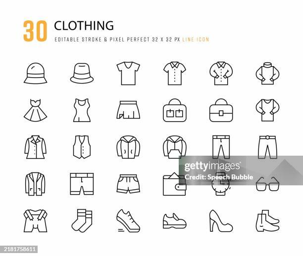 ilustraciones, imágenes clip art, dibujos animados e iconos de stock de íconos de la línea de ropa. trazo editable. píxel perfecto. - colección de la moda