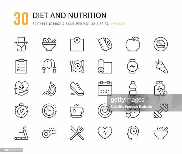 symbole der diät- und ernährungslinie. bearbeitbarer strich. pixel perfekt. - ernährungsberater stock-grafiken, -clipart, -cartoons und -symbole