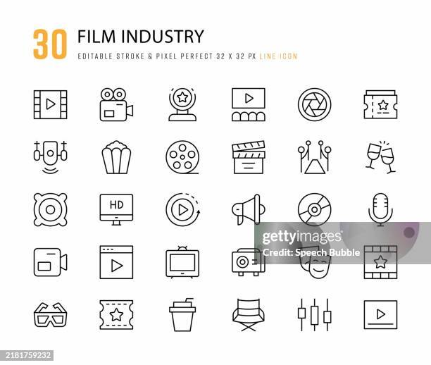 liniensymbole für die filmindustrie. bearbeitbarer strich. pixel perfekt. - filmpremiere stock-grafiken, -clipart, -cartoons und -symbole