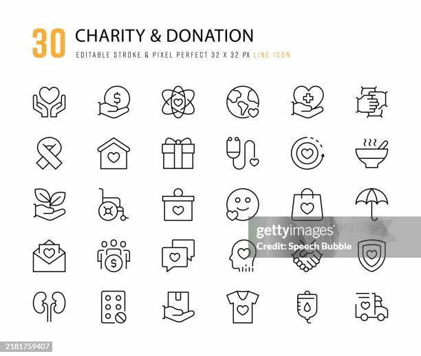 illustrazioni stock, clip art, cartoni animati e icone di tendenza di icone della linea di beneficenza e donazione. tratto modificabile. pixel perfetto. - altruismo