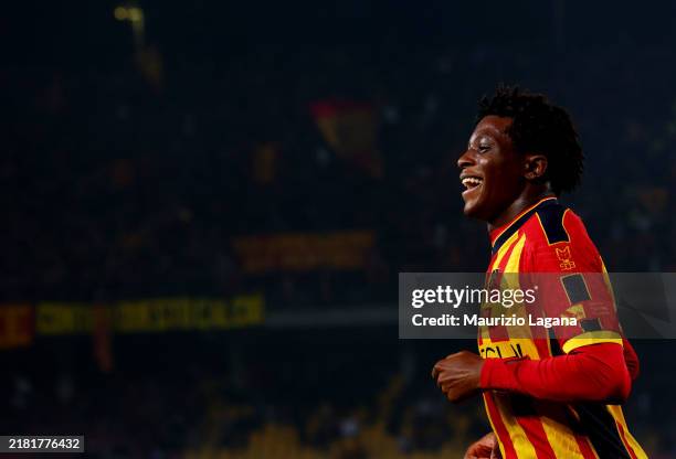 Patrick Dorgu of Lecce smiles during the Serie A match between Lecce and Verona at Stadio Via del Mare on October 29, 2024 in Lecce, Italy.