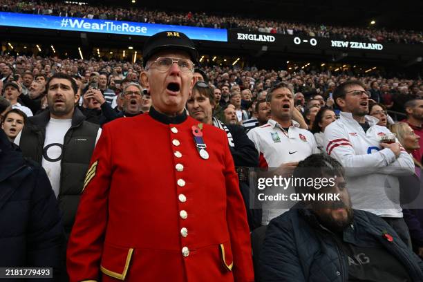 Chelsea Pensioner sings the National Anthem in the crowd ahead of the Autumn Nations Series International rugby union test match between England and...