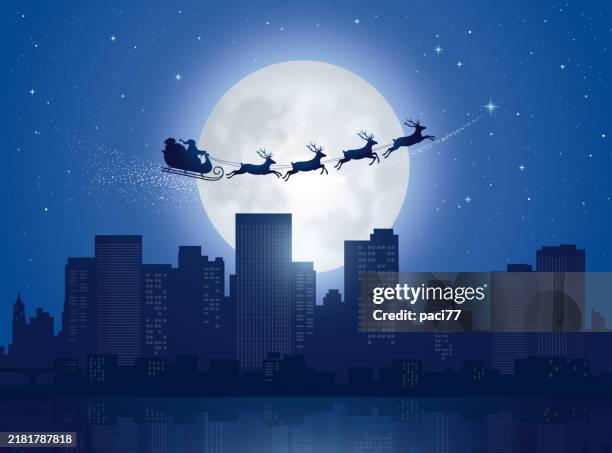 illustrations, cliparts, dessins animés et icônes de le traîneau du père noël sur l’horizon de la ville la nuit sur fond de lune. - père noël