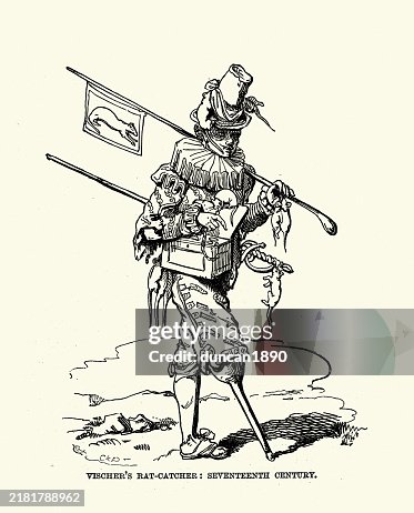 History of pest control, Vischer's Rat catcher, man with peg leg, 17th Century, Vintage illustration History of pest control, Vischer's Rat catcher, man with peg leg, 17th Century, Vintage illustration