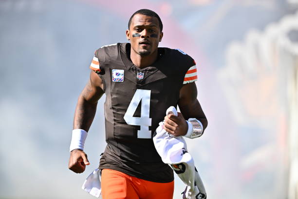Quarterback Deshaun Watson of the Cleveland Browns reacts during player introductions prior to the game against the Cincinnati Bengals at Cleveland...