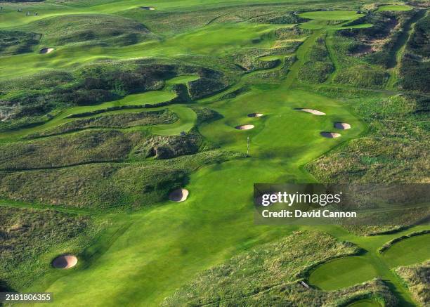 An aerial view of the 165 yards par 3, 13th hole 'Feather Bed' with the 360 yards par 4, 17th hole 'Purgatory' in the foreground at Royal Portrush...