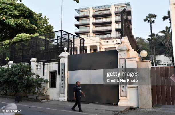 Security Personnel Are Seen In Front Of The Gate Outside Mannat The security-personnel-are-seen-in-front-of-the-gate-outside-mannat-the