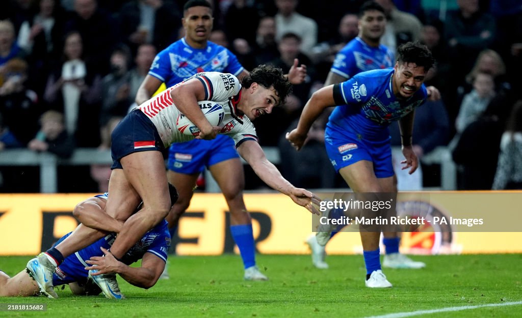 Amt Construction Rugby England's Herbie Farnworth goes over to score a try against Samoa ...