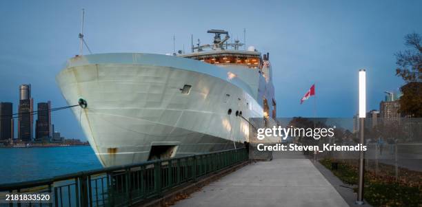royal canadian navy ship moored at windsor, ontario - moored stock pictures, royalty-free photos & images