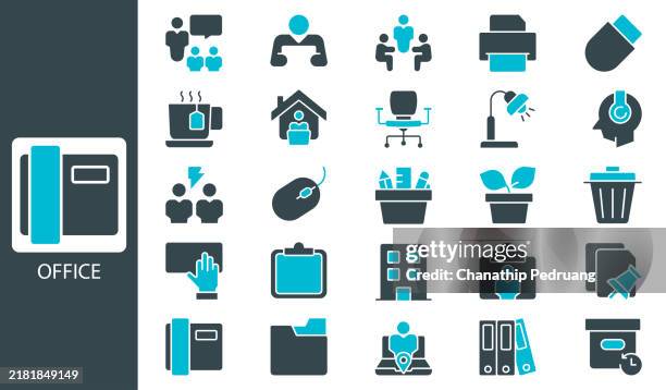 office icon set. solid icon collection. vector illustration. stock illustration icon symbol, desk, working, office chair - newspaper on table stock illustrations