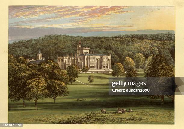 gothic revival english country house, 19th century architecture, capernwray hall, lancashire, england, 19th century - english culture stock illustrations