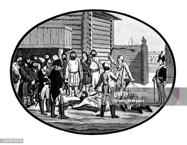 the cathedral code of 1649 condemned bribery and provided for numerous punishments: a fine, a ban on office, beating with a whip or rods, executions, or cutting off a hand - russia execution stock illustrations