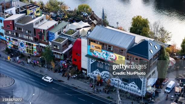 Drone captures a view of the Holzmarkt housing development in Berlin, Germany, on November 2, 2024.