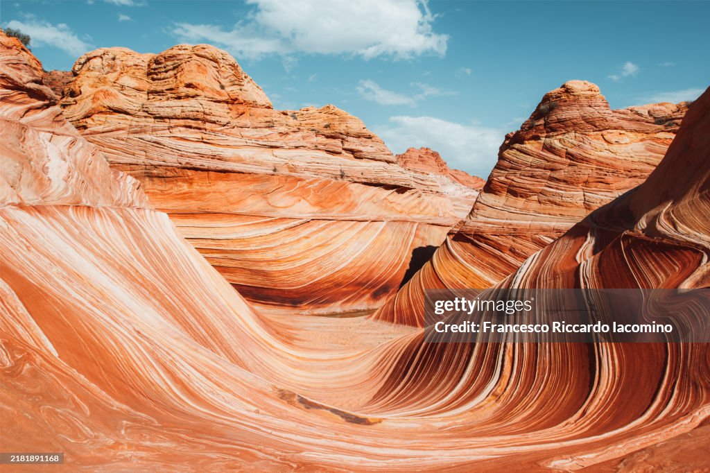 The Wave rock formation, panorama in Coyote Buttes north, Vermillion Cliffs, Arizona.
