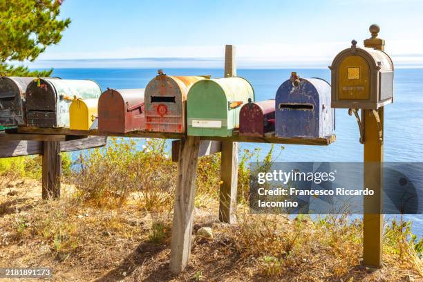 mailboxes with sea view, california - mailbox on ground stock pictures, royalty-free photos & images