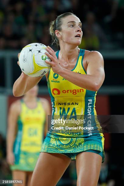 Liz Watson of Australia looks to pass the ball during game four of the Constellation Cup match between Australia Diamonds and New Zealand Silver...