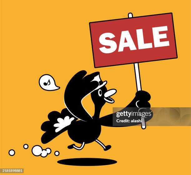 a turkey with a top hat running and carrying a sale sign - ostrich running speed stock illustrations