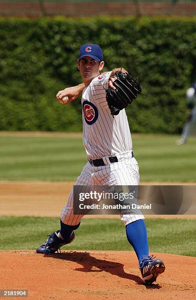 Starting pitcher Mark Prior of the Chicago Cubs delivers the ball in the first inning against the Atlanta Braves during a game at Wrigley Field on...