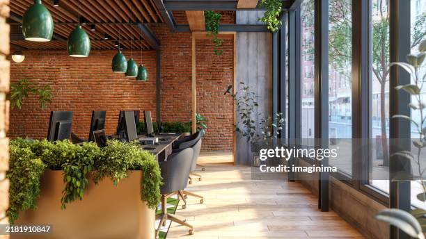 espacio de oficinas de co-working verde sostenible - vacío fotografías e imágenes de stock