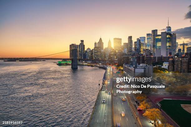cityscape of new york city at sunset, new york city, usa - hudson river stock pictures, royalty-free photos & images