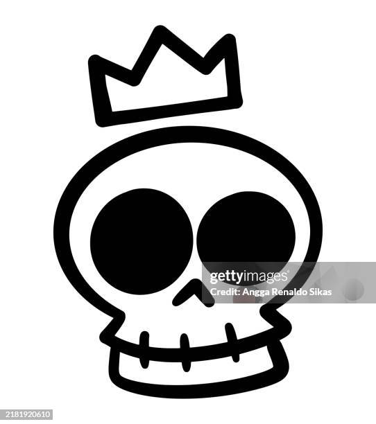 skull head with crown black and white drawing - tshirt texture stock illustrations