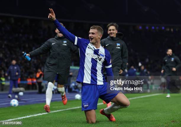 Michael Bruno Dominique Cuisance of Hertha BSC celebrates scoring his team's second goal during the DFB-Pokal match between Hertha BSC and 1. FC...