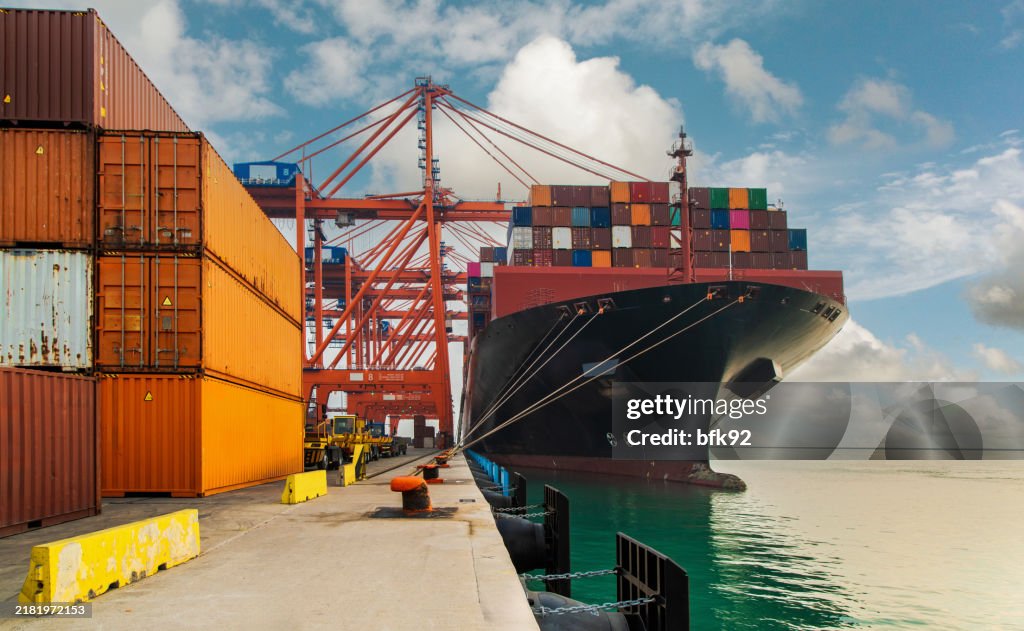 Cargo container ship moored at harbor