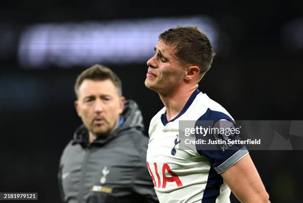 Micky van de Ven of Tottenham Hotspur reacts as he walks off injured during the Carabao Cup Fourth Round match between Tottenham Hotspur and...