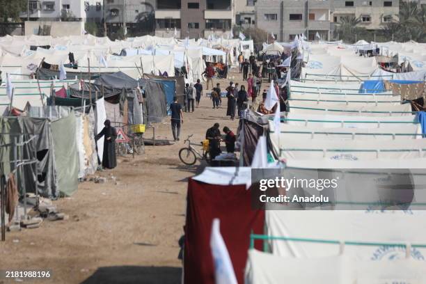 Palestinians fled Jabalia refugee camp due to intense Israeli attacks seeking refuge in camps located al-Yarmouk neighborhood in Gaza City, Gaza on...