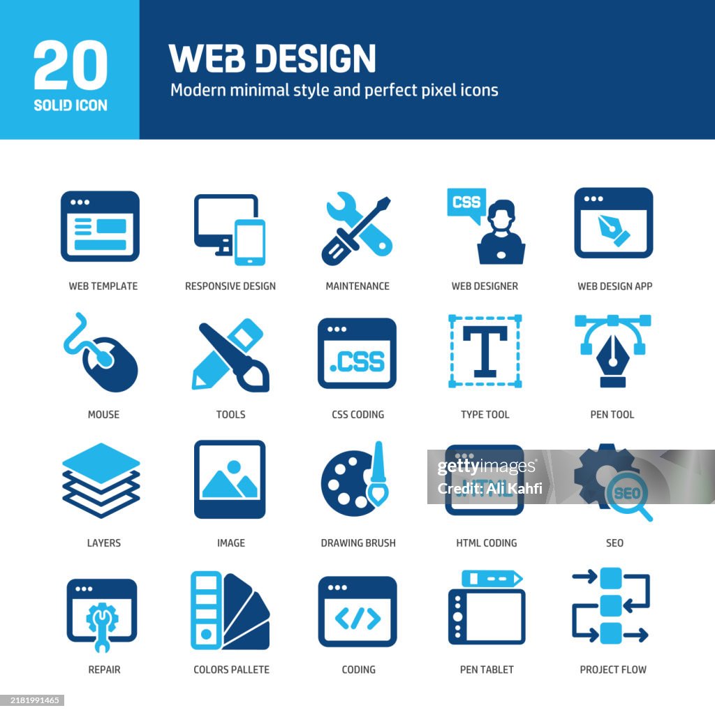 Web design glyph solid icons. Containing coding, development, project, template, website solid icons collection. Vector illustration. For website design, logo, app, template, ui, etc.
