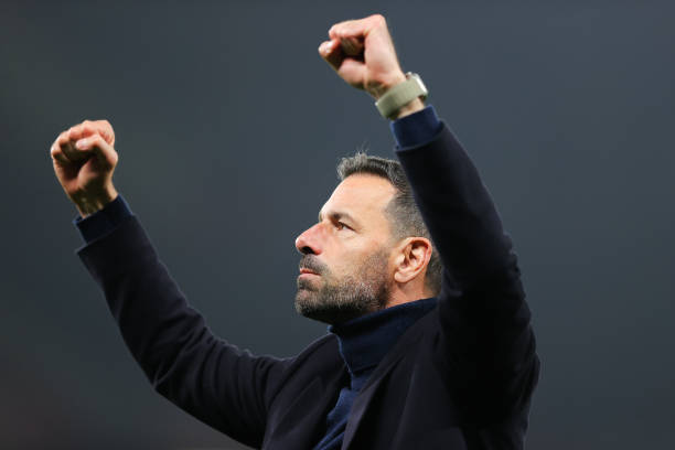 Ruud van Nistelrooy, interim manager of Manchester United, celebrates after the Carabao Cup Fourth Round match between Manchester United and...