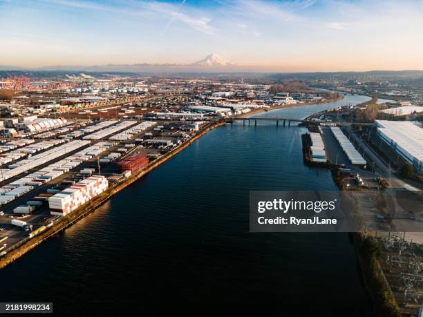 aerial views of downtown tacoma washington and shipyard - tacoma stock pictures, royalty-free photos & images