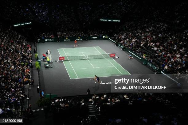 Spectators attend the men's singles final match between Germany's Alexander Zverev and France's Ugo Humbert on day seven of the Paris ATP Masters...