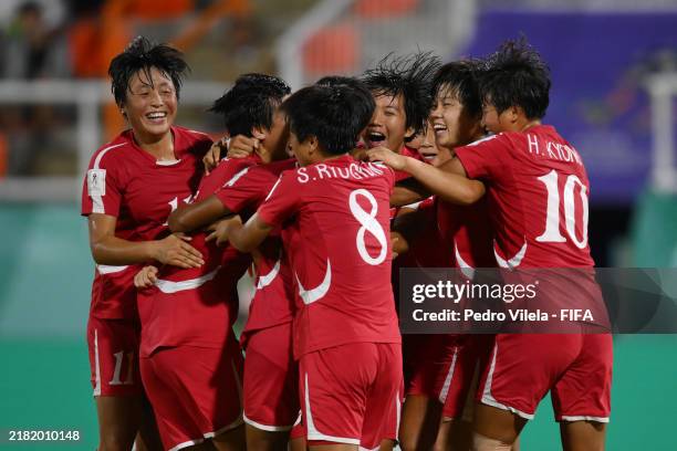 Un Hyang Ro of Korea DPR celebrates with teammates after scoring the team's first goal during the FIFA U-17 Women's World Cup Dominican Republic 2024...