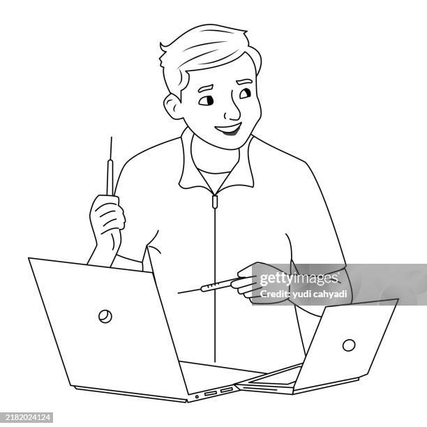 technician repairing laptops, black and white, coloring book illustration - person using screen reader stock illustrations