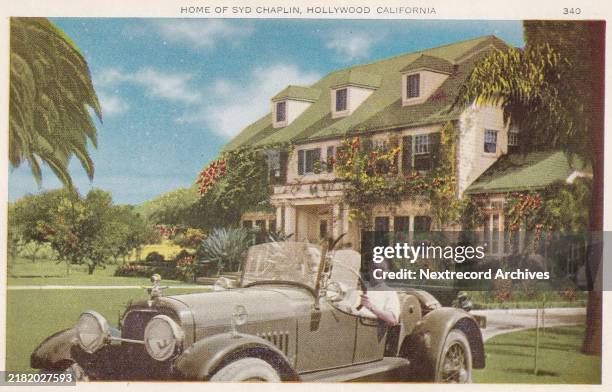 Vintage souvenir postcard published ca 1926 from the Hollywood and Screenland Homes series, depicting mansions and grand beach estates of Hollywood...