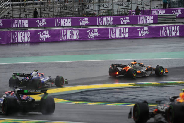 Oscar Piastri, McLaren MCL38, leads Yuki Tsunoda, VCARB 01 during the F1 Grand Prix of Brazil at Autodromo Jose Carlos Pace on November 03, 2024 in...