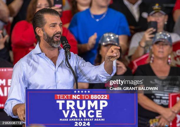 Donald Trump, Jr., son of former US President and Republican presidential candidate Donald Trump, speaks at a campaign rally in Sanford, North...