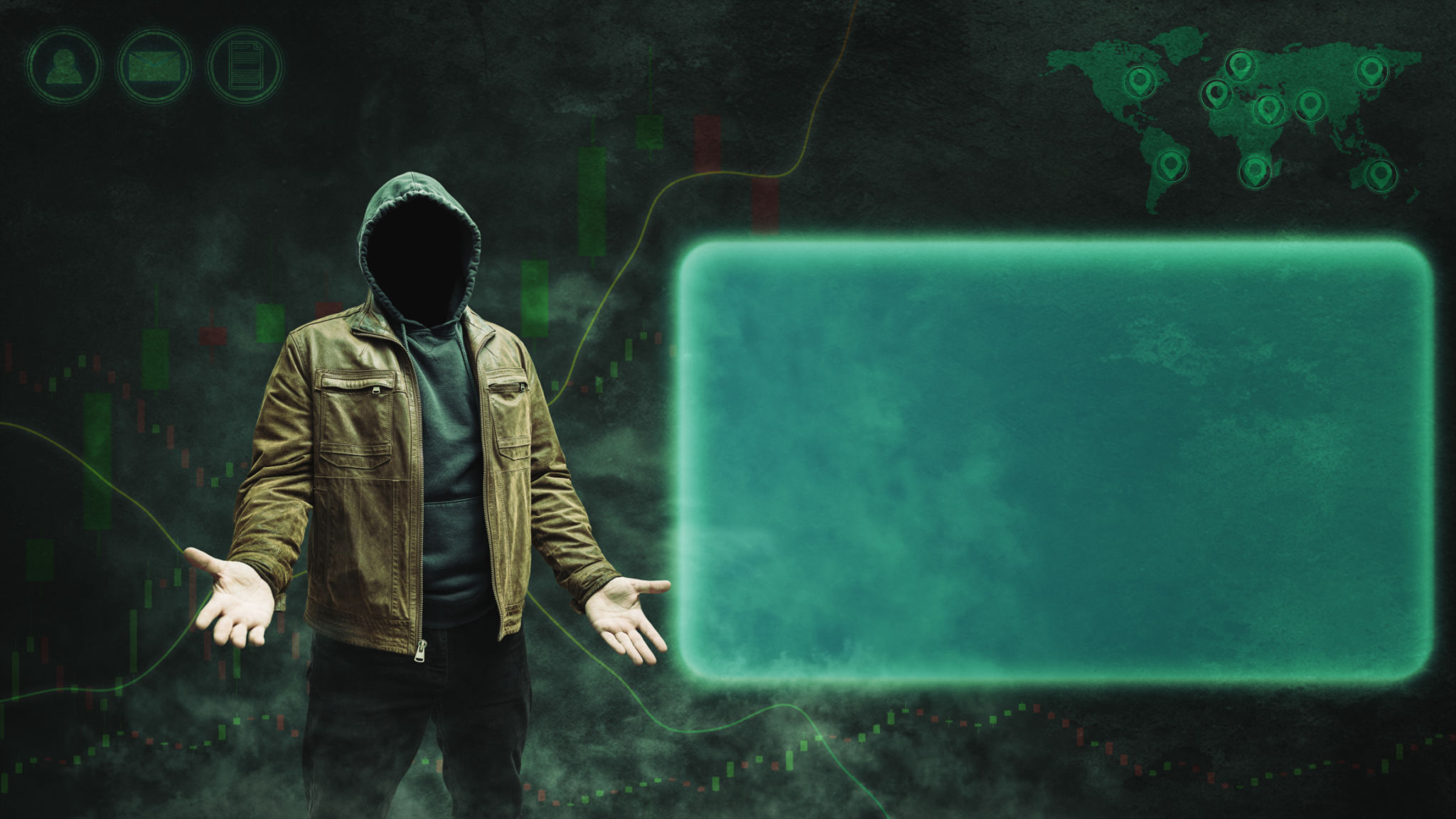Faceless, anonymous man in a hoodie and leather jacket, shrugging his shoulders, standing against a dark background featuring a forex or trading chart. Empty space for text, copy space Faceless, anonymous man in a hoodie and leather jacket, shrugging his shoulders, standing against a dark background featuring a forex or trading chart. Empty space for text, copy space