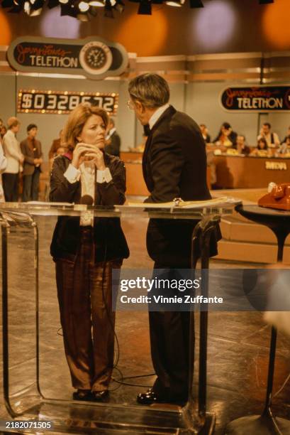 American actress Patty Duke and husband John Astin hosting the Jerry Lewis Telethon in New York, 1980s.