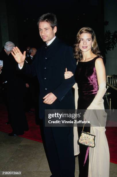American actor David Duchovny and girlfriend Perrey Reeves attending the 52nd Annual Golden Globe Awards, held at the Beverly Hilton Hotel in Beverly...