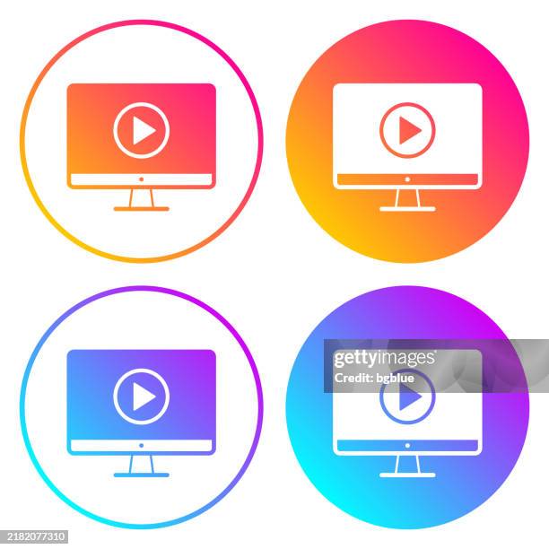 desktop computer with play button. round icons with color gradients - white play button stock illustrations